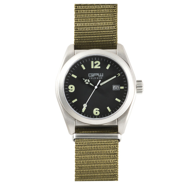German Military Titanium Watch. GPW Fieldwatch Automatic. 200M W/R. Sapphire Crystal. Green Nylon Strap.