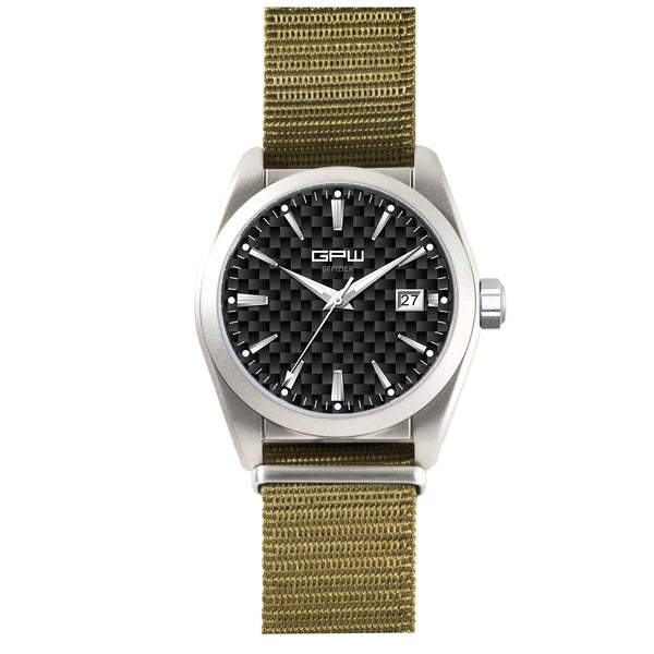 German Military Titanium Watch. GPW Offizier Automatic. 200M W/R. Sapphire Crystal. Olive Nylon Strap.